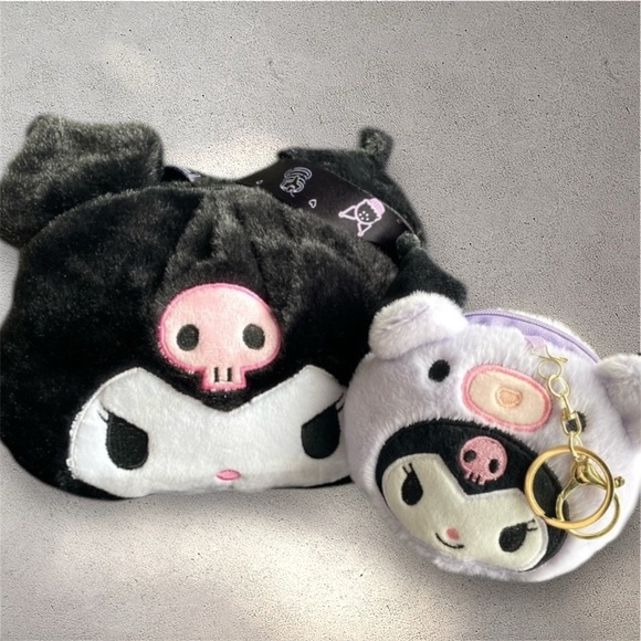 Kuromi 3/$30 2pc set with a large plush crossbody bag and a fluffy coin id case - Picture 1 of 16